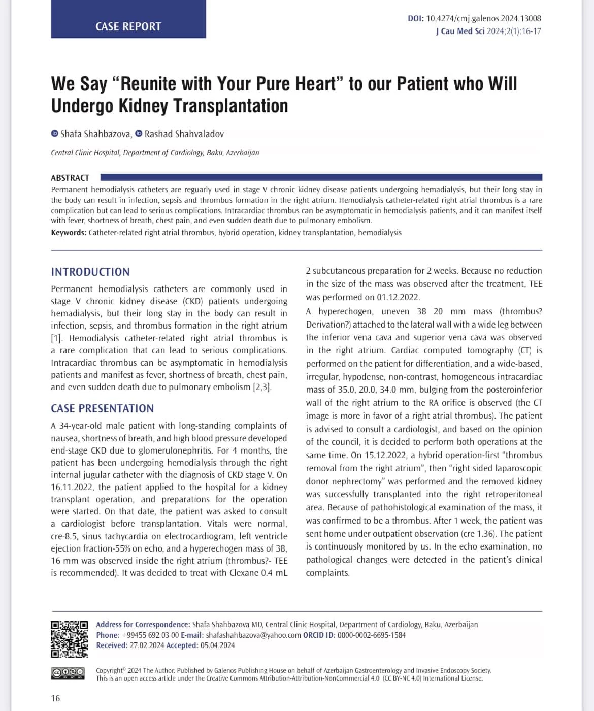 Caucasian Medical Journal 2024 — klinik hadisə məqaləsinin ilk səhifəsi